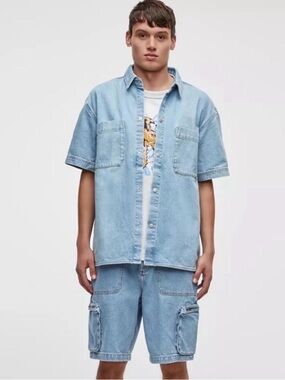 Men's Short Sleeve Denim Shirt - Light Blue